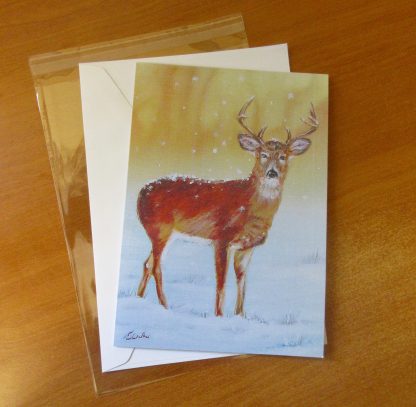 Snowy Deer Fine Art Christmas card, Winter greetings card from an original oil painting, A5